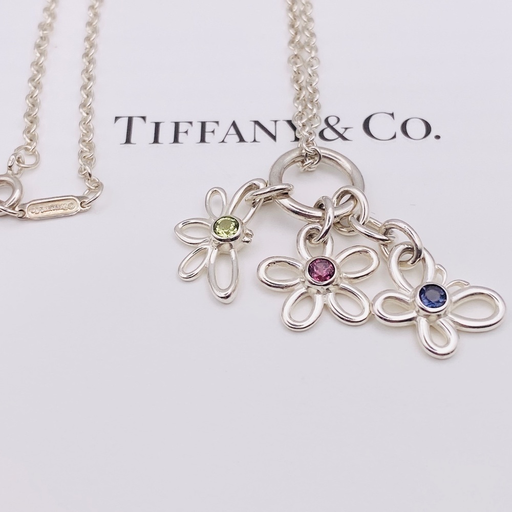 Tiffany & Co.Silver Butterfly dragonfly Flower Gemstone 16" Necklace W/box 925 - Picture 3 of 10